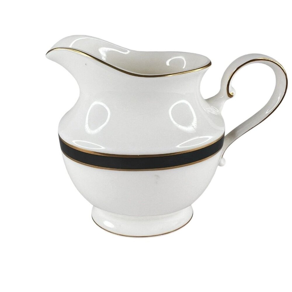 Mikasa Black Tie Creamer Petite Bone China Made Japan Glossy 1980s Gold Trim